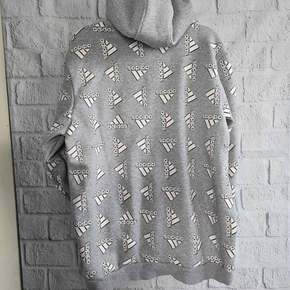 Adidas Gray And White All Over Print Fleece Hoodie Men's 2XL